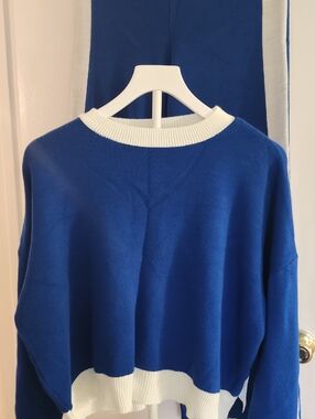 Blue and White Crewneck Women's Sweater